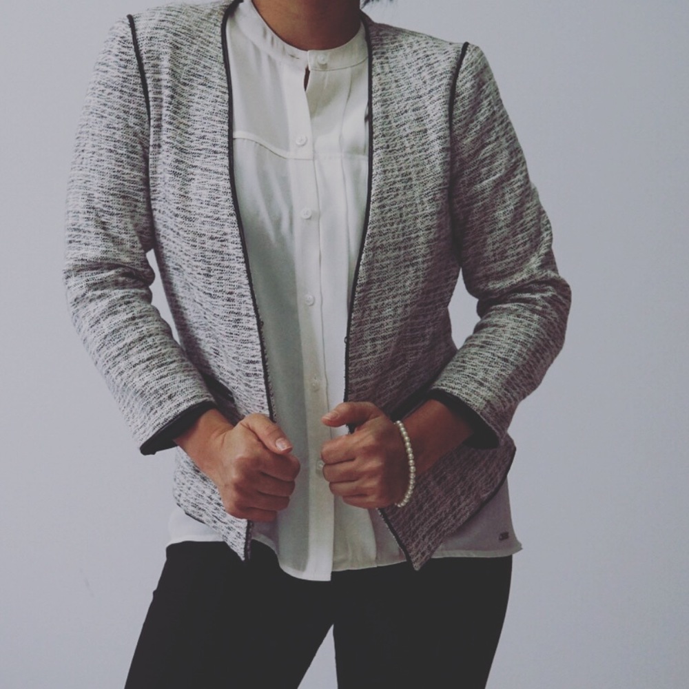 DKNYC Womens Faux-Leather Trim Tweed Jacket